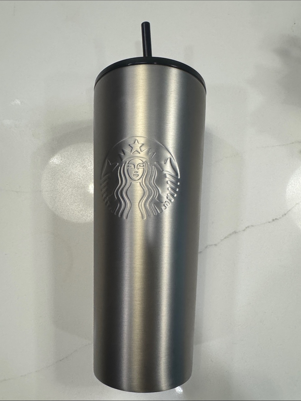 Starbucks Metallic Gray Embossed Logo Tumbler with Black Lid and Straw